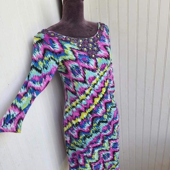 Joyous & Free Dress Colorful Tie Dye Print Bead Boat Neck Boho Strerch Jersey XS - Picture 5 of 14